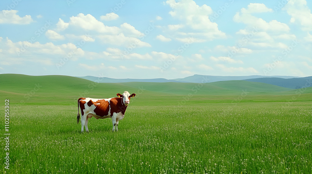 Cows Grazing Leisurely on a Pasture Under a Blue Sky Cows Grazing Leisurely on a Pasture Under a Blue Sky
