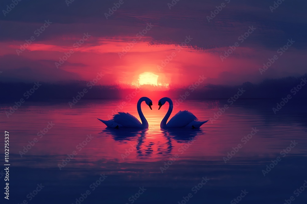Fototapeta premium Loving swans forming a heart-shaped silhouette on a sunset-illuminated lake