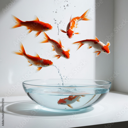 AI generative. Illustration of kois fish jump in transparent fishbowl with white background. 1 photo