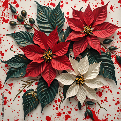 Vibrant poinsettia arrangement with lush greenery and artistic accents, paper art of floral arrangement concept.
