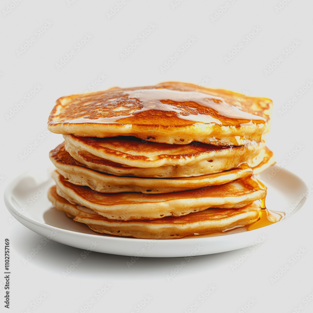 Delicious Stack of Fluffy Pancakes with Golden Syrup on a White Plate, Captured in Soft Light for a Perfect Breakfast Scene Delicious Stack of Fluffy Pancakes with Golden Syrup on a White Plate, Captured in Soft Light for a Perfect Breakfast Scene