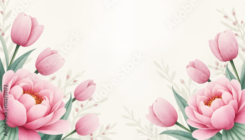 Pink peonies and tulips elegantly arranged on a soft background with a copy space