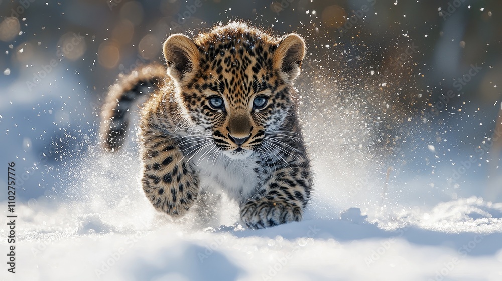 Realistic close-up shots showcase a mischievous cheetah interacting with the snow, highlighting its innocence and vitality. The background is a snow covered mountain range, taken under bright sunlight Realistic close-up shots showcase a mischievous cheetah interacting with the snow, highlighting its innocence and vitality. The background is a snow covered mountain range, taken under bright sunlight