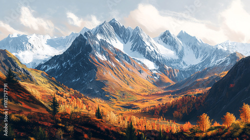 Majestic mountain landscape in autumn with vibrant colors and snow-capped peaks