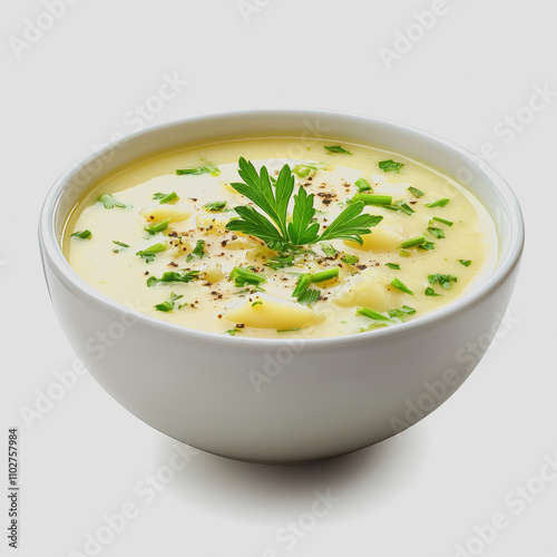 Wallpaper Mural Creamy Potato Soup with Fresh Herbs in a White Bowl on a Light Background, Perfect for Comforting Meals and Warmth in Cold Weather, Ideal for Culinary Projects and Stock Photography Torontodigital.ca