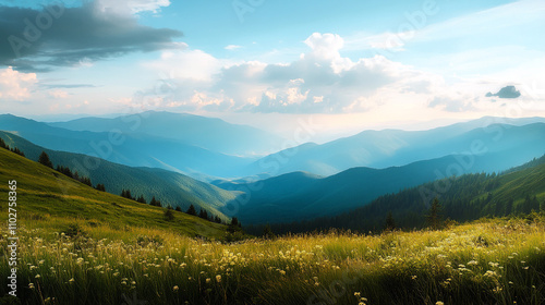 Breathtaking mountain landscape with vibrant greenery and soft clouds at sunset