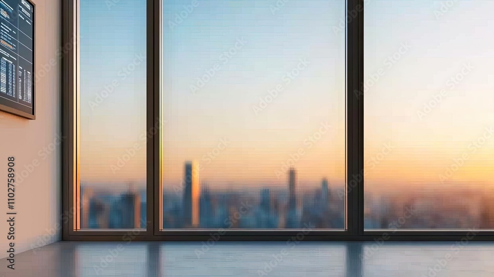 Fototapeta premium Modern office interior with large windows, showcasing a stunning urban sunset view.