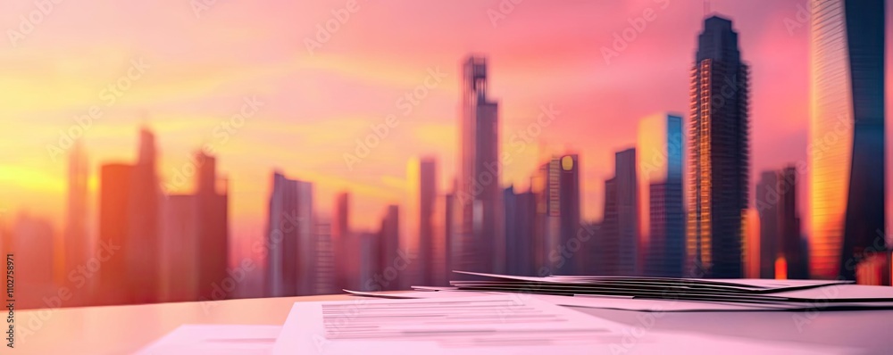 Urban skyline at sunset with colorful sky and modern architecture, layered cityscape. Urban skyline at sunset with colorful sky and modern architecture, layered cityscape.