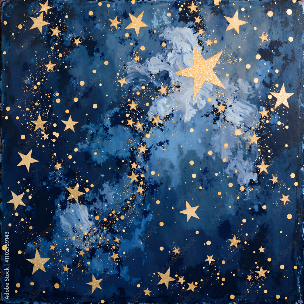 Vibrant abstract night sky with golden stars and deep blue nebula background for artistic inspiration, digital painting of abstract art concept. Vibrant abstract night sky with golden stars and deep blue nebula background for artistic inspiration, digital painting of abstract art concept.