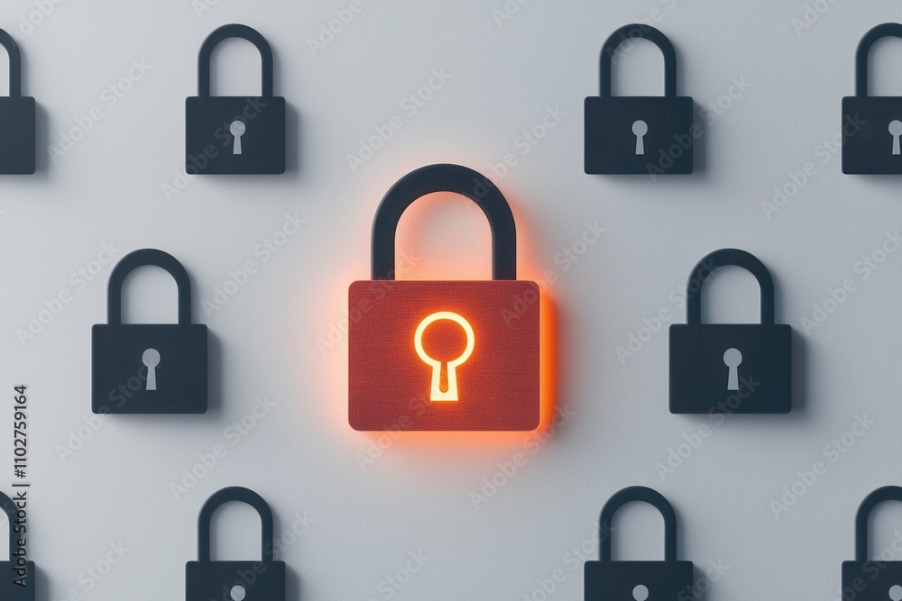 Access control permissions and encryption, A vibrant red padlock stands out among black padlocks on a light background, symbolizing security and protection in a digital or physical context. Access control permissions and encryption, A vibrant red padlock stands out among black padlocks on a light background, symbolizing security and protection in a digital or physical context.