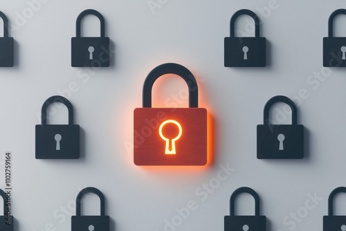 Access control permissions and encryption, A vibrant red padlock stands out among black padlocks on a light background, symbolizing security and protection in a digital or physical context. photo