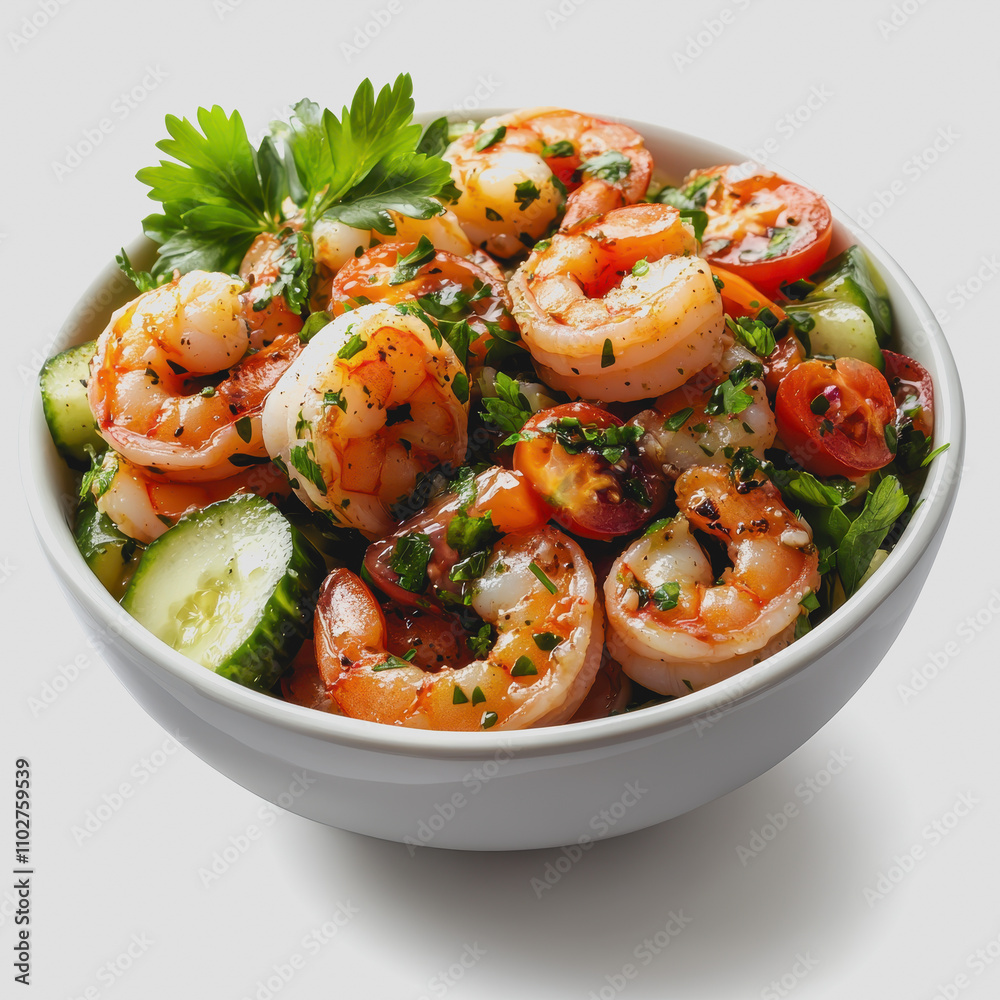 Fresh Shrimp Salad with Cherry Tomatoes and Cucumbers, Garnished with Parsley for a Healthy and Vibrant Meal Option for Seafood Lovers Fresh Shrimp Salad with Cherry Tomatoes and Cucumbers, Garnished with Parsley for a Healthy and Vibrant Meal Option for Seafood Lovers