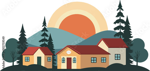 Charming Countryside Landscape with Sunset
