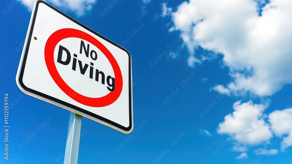 No Diving warning sign with a red circle and diagonal line. Water parks, safety education, schools, water safety, drowning prevention, swimming rules, child safety