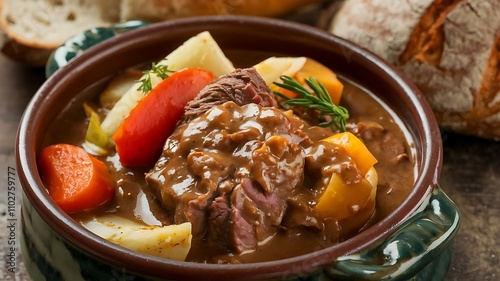 Hearty beef stew with chunks of carrots, potatoes, and celery in rich gravy, served in ceramic bowl with crusty bread