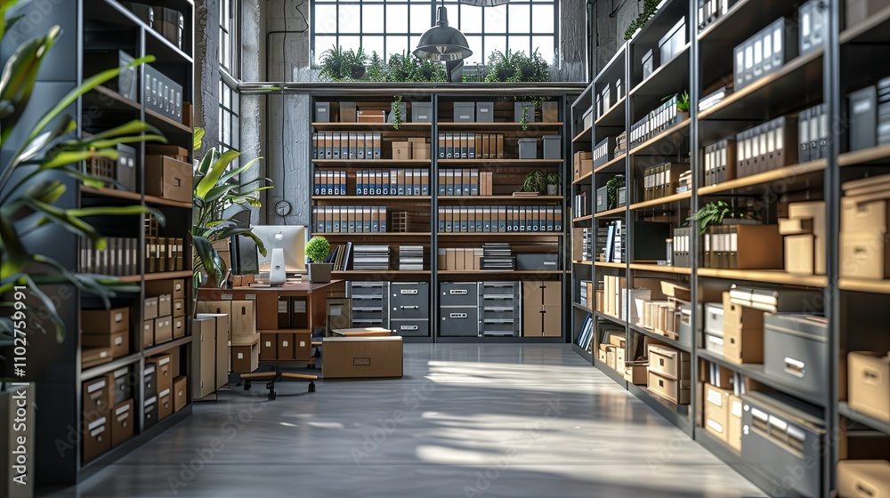 Industrial Loft Office Space with Extensive Shelving and Organized Workspace Industrial Loft Office Space with Extensive Shelving and Organized Workspace