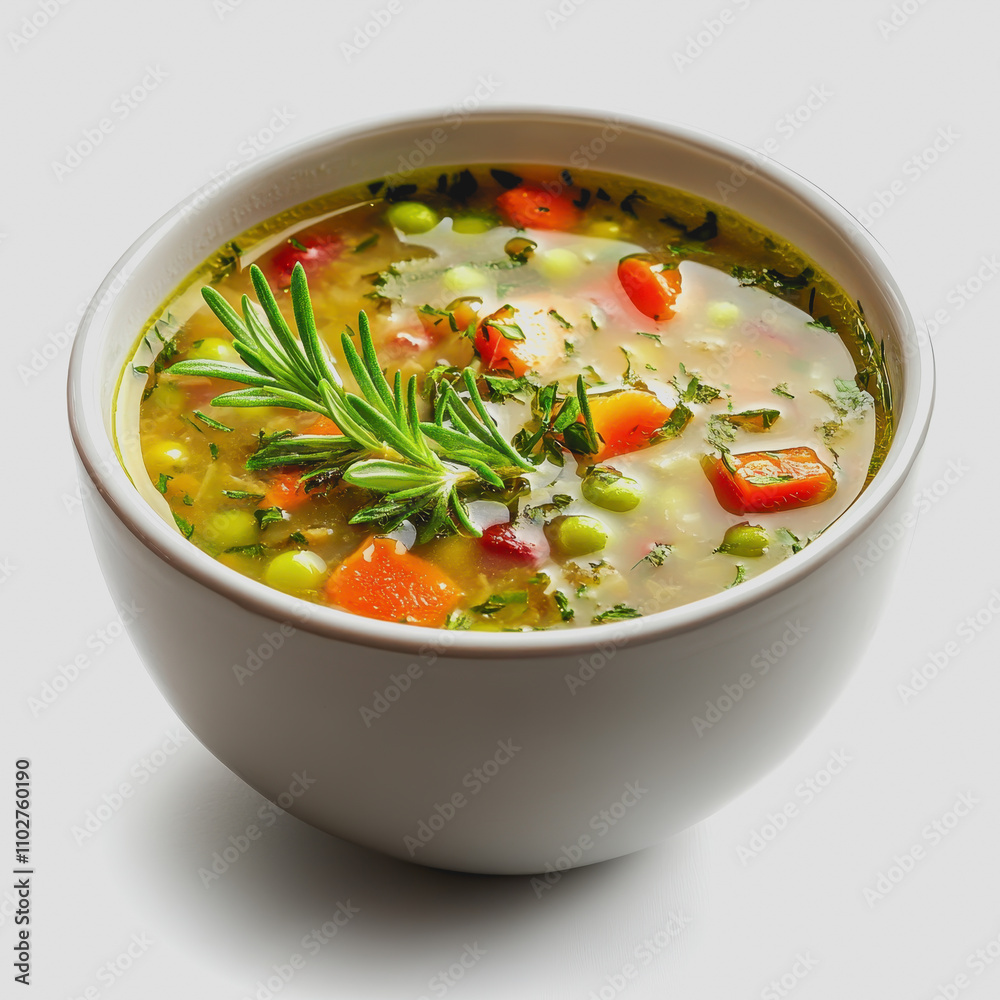 Fresh and Healthy Vegetable Soup with Colorful Carrots, Peas, and Herbs in a White Bowl, Ideal for Nourishing Meal or Recipe Inspiration Fresh and Healthy Vegetable Soup with Colorful Carrots, Peas, and Herbs in a White Bowl, Ideal for Nourishing Meal or Recipe Inspiration