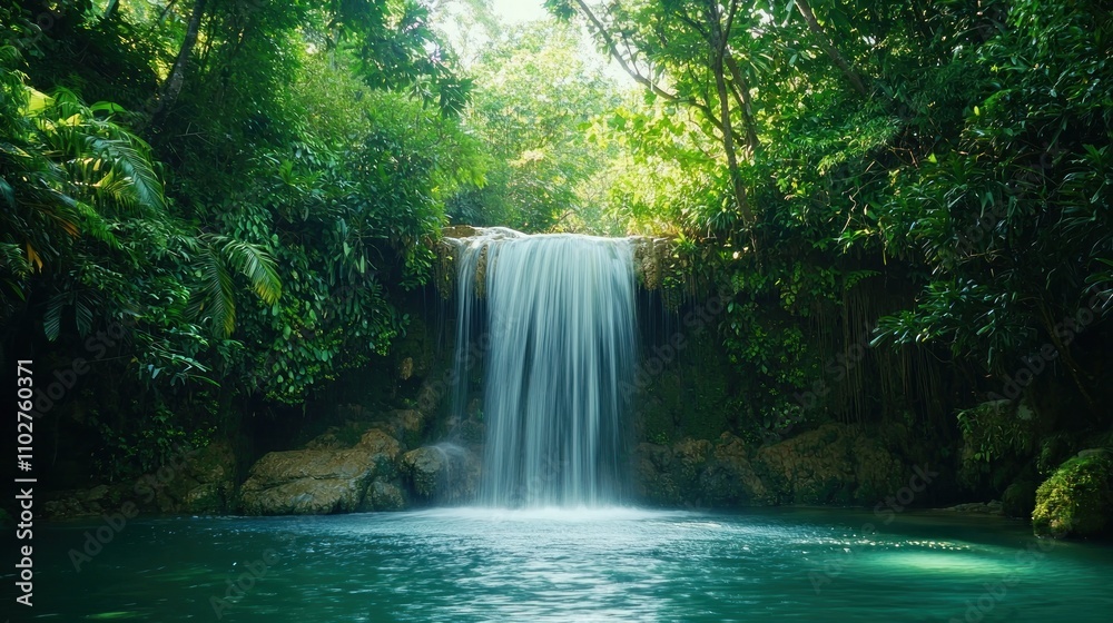 Obraz premium Tropical waterfall surrounded by vibrant green foliage in a lush jungle setting