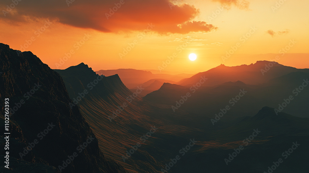 Mountain landscape at sunset with dramatic lighting and deep valleys in the background Mountain landscape at sunset with dramatic lighting and deep valleys in the background