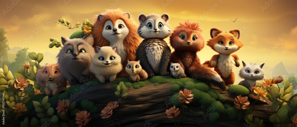 Cute Animated Forest Animals Group in a Vibrant Natural Setting