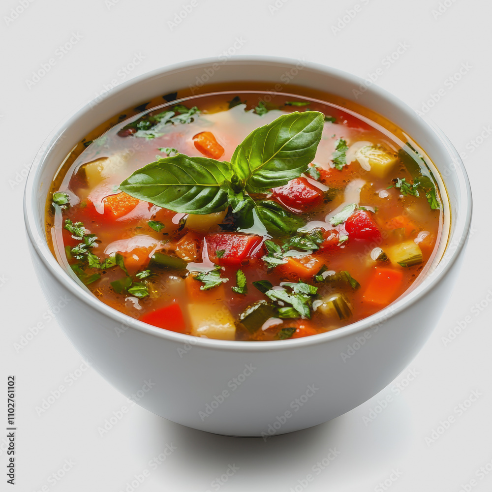 Fresh and Colorful Vegetable Soup in a White Bowl with Basil Leaf Garnish, Perfect for Healthy Eating and Brightening Up Your Meals Fresh and Colorful Vegetable Soup in a White Bowl with Basil Leaf Garnish, Perfect for Healthy Eating and Brightening Up Your Meals