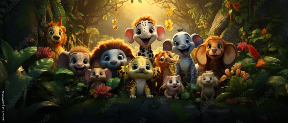 Obraz premium Colorful Cartoon Animals Gather in a Lush Jungle Environment