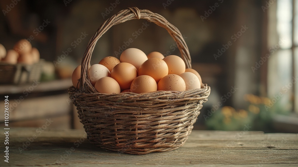 A rural basket filled with fresh, organic farm eggs, placed on a wooden table. The natural and rustic environment showcases the freshness and organic produce from farm to table, A rural basket filled with fresh, organic farm eggs, placed on a wooden table. The natural and rustic environment showcases the freshness and organic produce from farm to table,