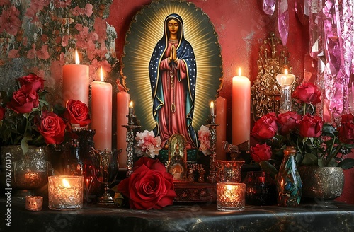 Virgin Mary Statue with Candlelit Floral and Fruit Offering Display photo