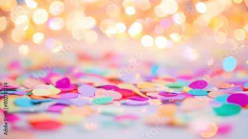 Scattered confetti in bright colors covers the floor, creating a lively atmosphere during an evening celebration filled with joy