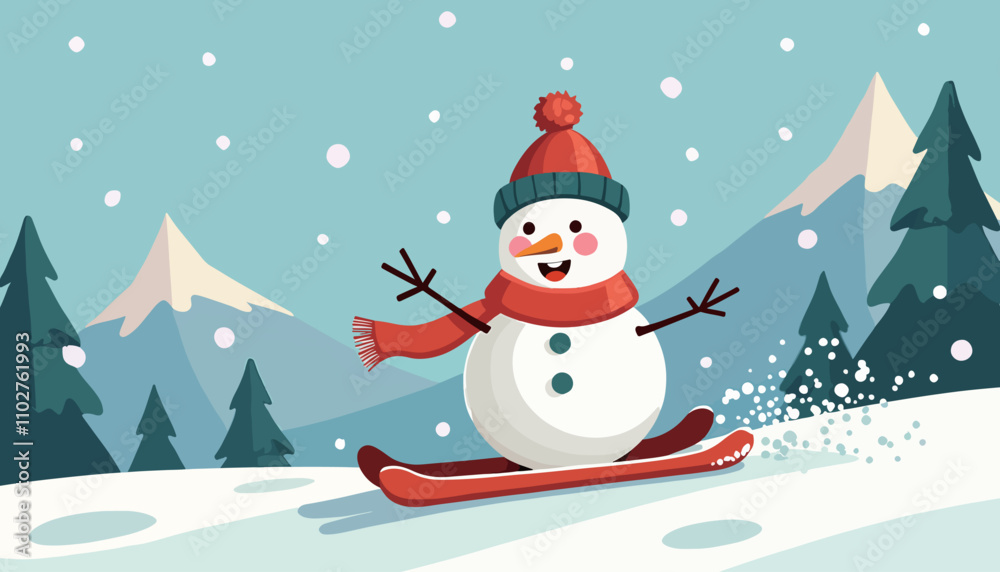 Cheerful Snowman Skiing in Winter Wonderland Cheerful Snowman Skiing in Winter Wonderland