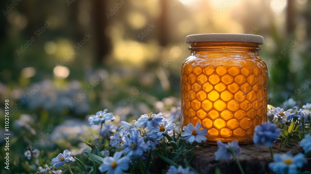 Radiant Honey Jar Amidst Blooming Wildflowers in Sunlit Field Radiant Honey Jar Amidst Blooming Wildflowers in Sunlit Field