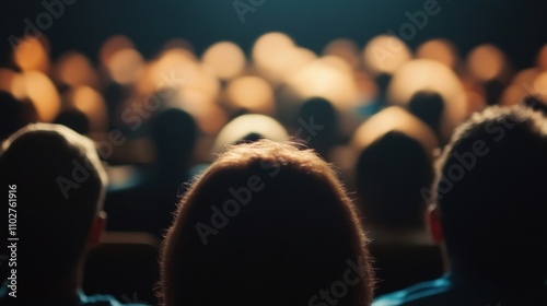 Crowd of people attentively watching a presentation in a dimly lit theater, creating an atmosphere of focus and interest