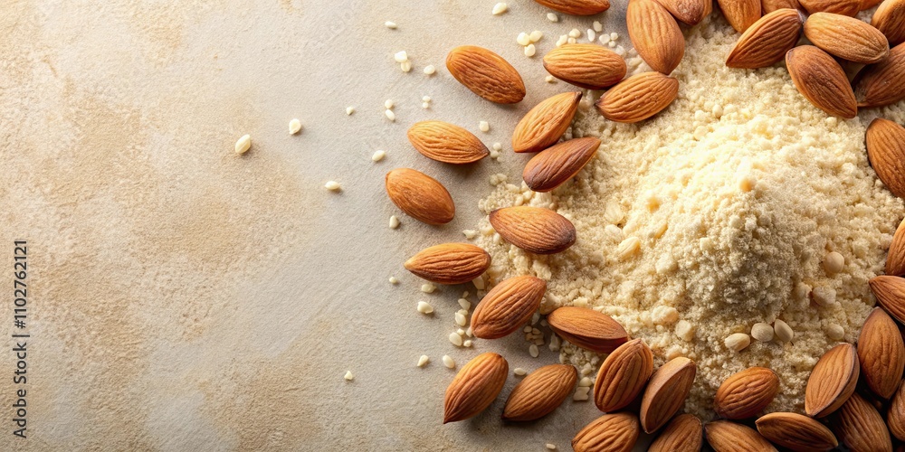 Fototapeta premium Almond flour and whole almonds scattered on a beige background, almonds, almond flour, baking ingredient, healthy