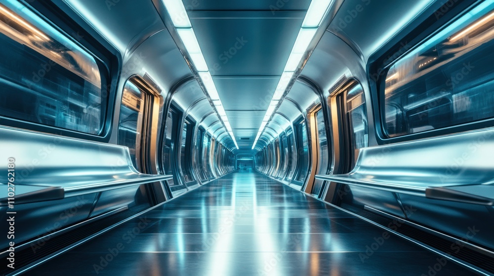 A futuristic subway station with sleek design and illuminated pathways. A futuristic subway station with sleek design and illuminated pathways.