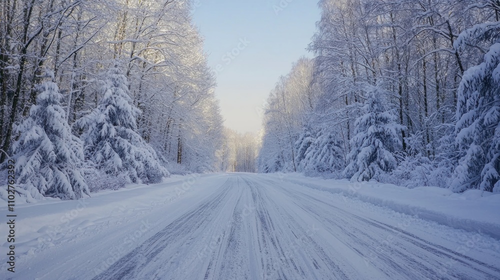 Winter road covered in snow, with tire tracks visible and trees blanketed in white Winter road covered in snow, with tire tracks visible and trees blanketed in white