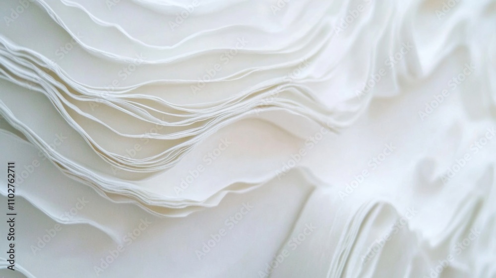 Close-up view of textured white paper revealing intricately layered waves, showcasing subtle shadows and highlights in soft natural light Close-up view of textured white paper revealing intricately layered waves, showcasing subtle shadows and highlights in soft natural light