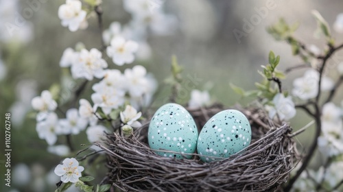 Delicately painted Easter eggs rest in a natural nest, framed by vibrant blossoms in the springtime garden