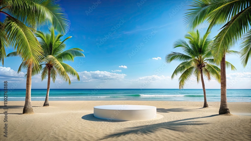 Empty podium on sandy beach with palm trees and blue sky in background , podium, beach, palm trees, azure sky, empty Empty podium on sandy beach with palm trees and blue sky in background , podium, beach, palm trees, azure sky, empty