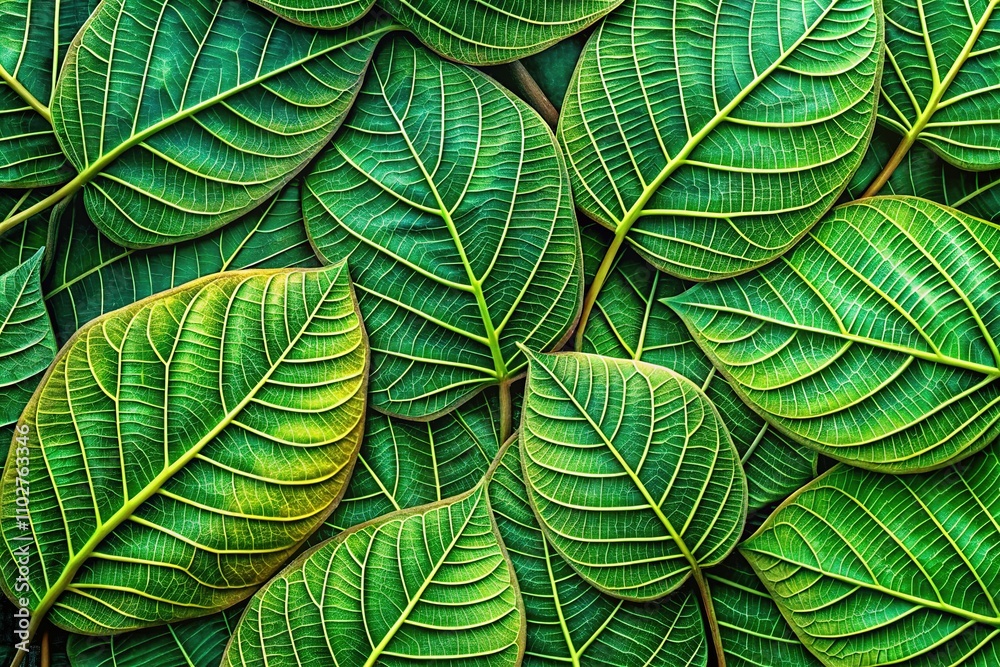 Fototapeta premium Abstract green teak leaf pattern, a fantastical AI image.