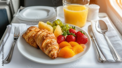 Culinary experience pastries and fruits on an inflight breakfast photo