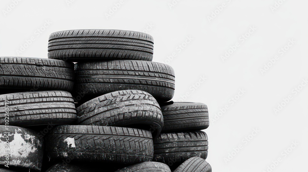Stack of used tires against a white background. Stack of used tires against a white background.