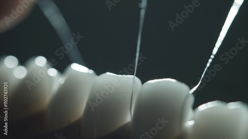 Close-up of dental floss being used between teeth for professional dental hygiene. Oral care product promotions, oral health tips, periodontal disease prevention, teeth whitening, dental flossing photo