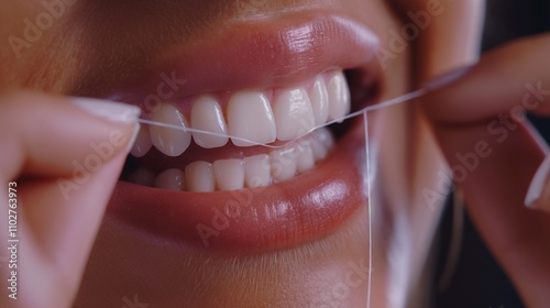 Close-up of dental floss being used between teeth for professional dental hygiene. Oral care product promotions, oral health tips, periodontal disease prevention, teeth whitening, dental flossing photo