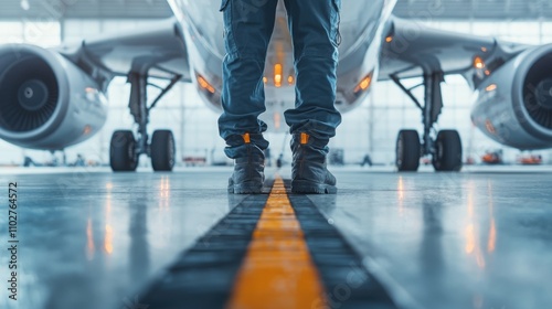 Mechanic inspecting aircraft landing gear at airport hangar closeup view