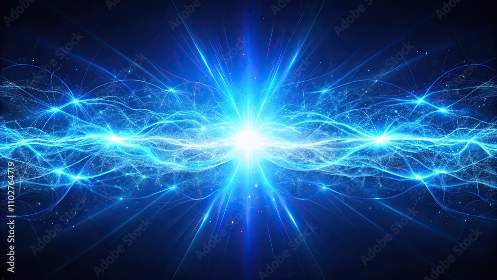 Abstract glowing blue futuristic energy plasma wave with bright core, magical dynamic electric particles on a dark blue background Abstract glowing blue futuristic energy plasma wave with bright core, magical dynamic electric particles on a dark blue background