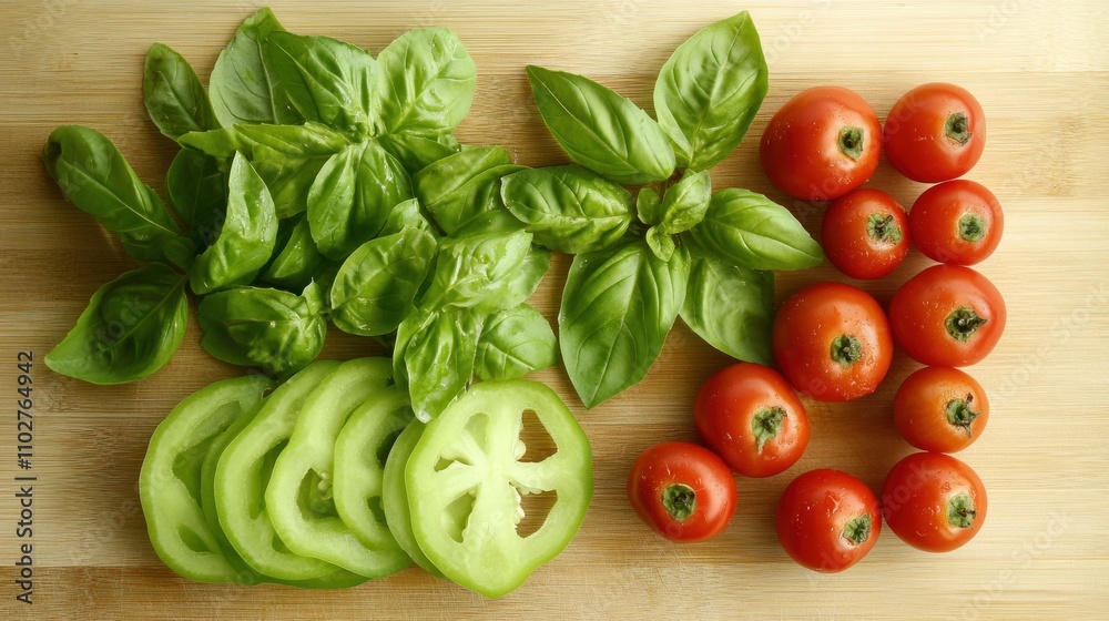 Fresh basil, green pepper slices, and cherry tomatoes arranged on a wooden surface. Fresh basil, green pepper slices, and cherry tomatoes arranged on a wooden surface.