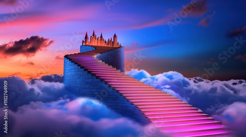 Ascendant Stairway Through Ethereal Clouds at Vibrant Sunset or Sunrise photo