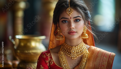 Traditional Bride with Golden Earrings and Ethnic Attire