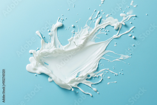 Milk splash isolated on a light blue background, white in color, hyper-realistic, and detailed. photo