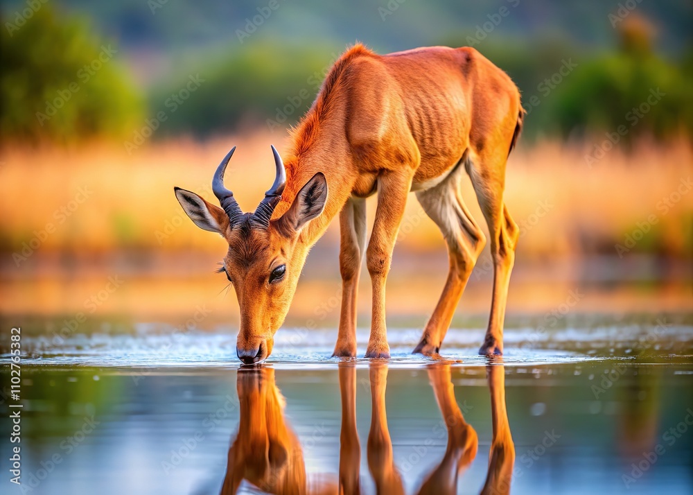 Bokeh-enhanced image of a newborn red hartebeest calf, drinking. Precious wildlife encounter. Bokeh-enhanced image of a newborn red hartebeest calf, drinking. Precious wildlife encounter.